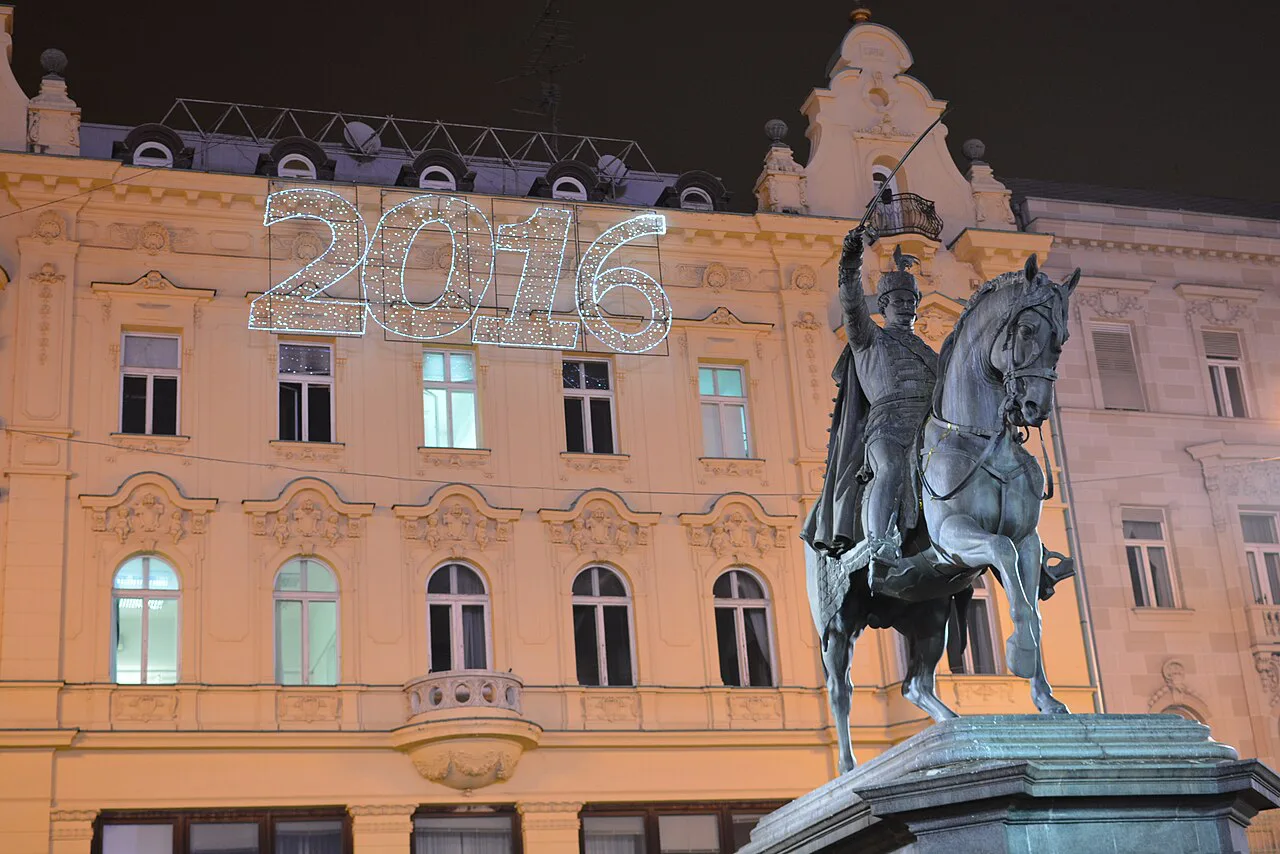 The Ban Jelačić statue lit for Advent, Zagreb.