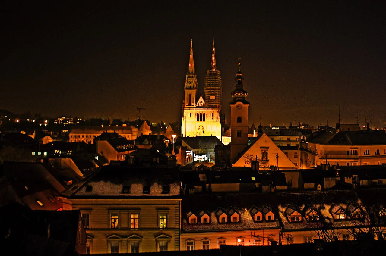 Zagreb Cathedral and the Upper Town at night.