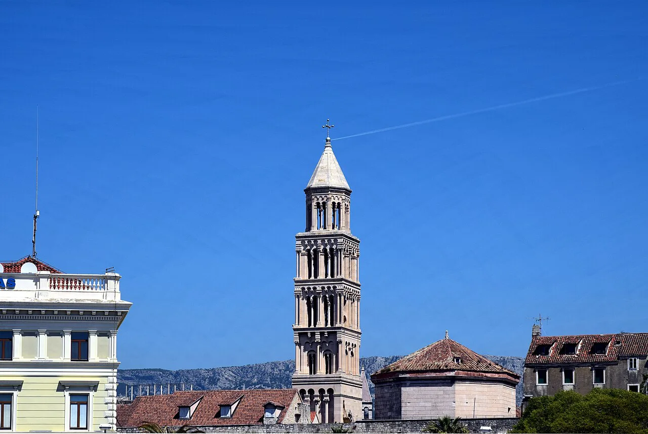 Split's old town and cathedral bell tower seen from the harbour.