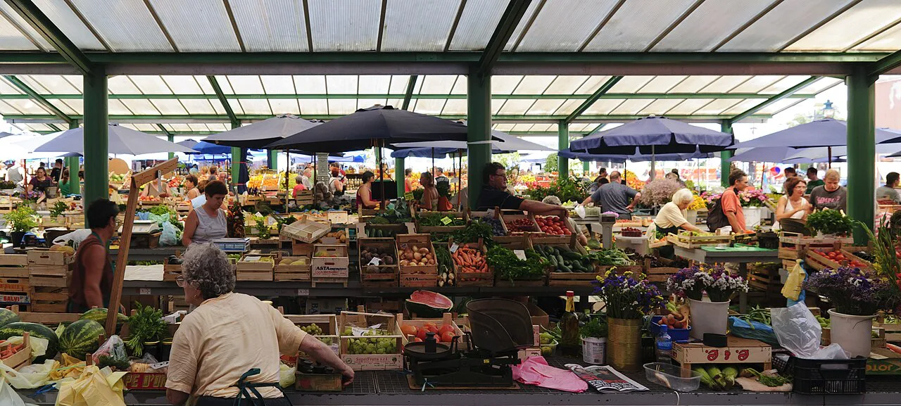 Fruit and vegetable stalls at the market in Rovinj.