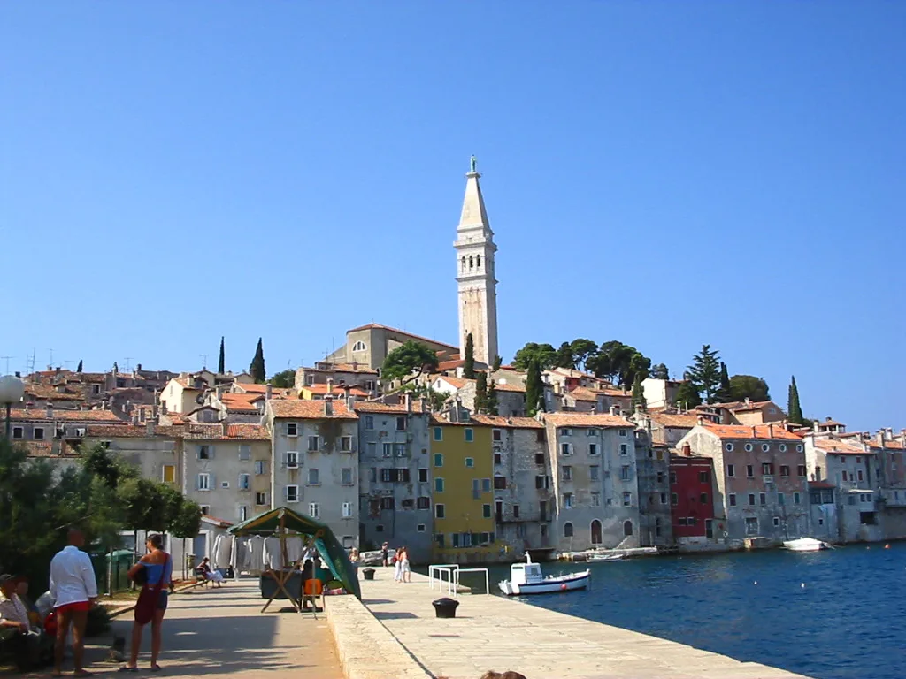Rovinj old town seen from the Valdibora waterfront.