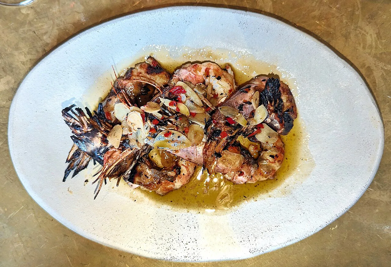 Scampi cooked with garlic and chilli.
