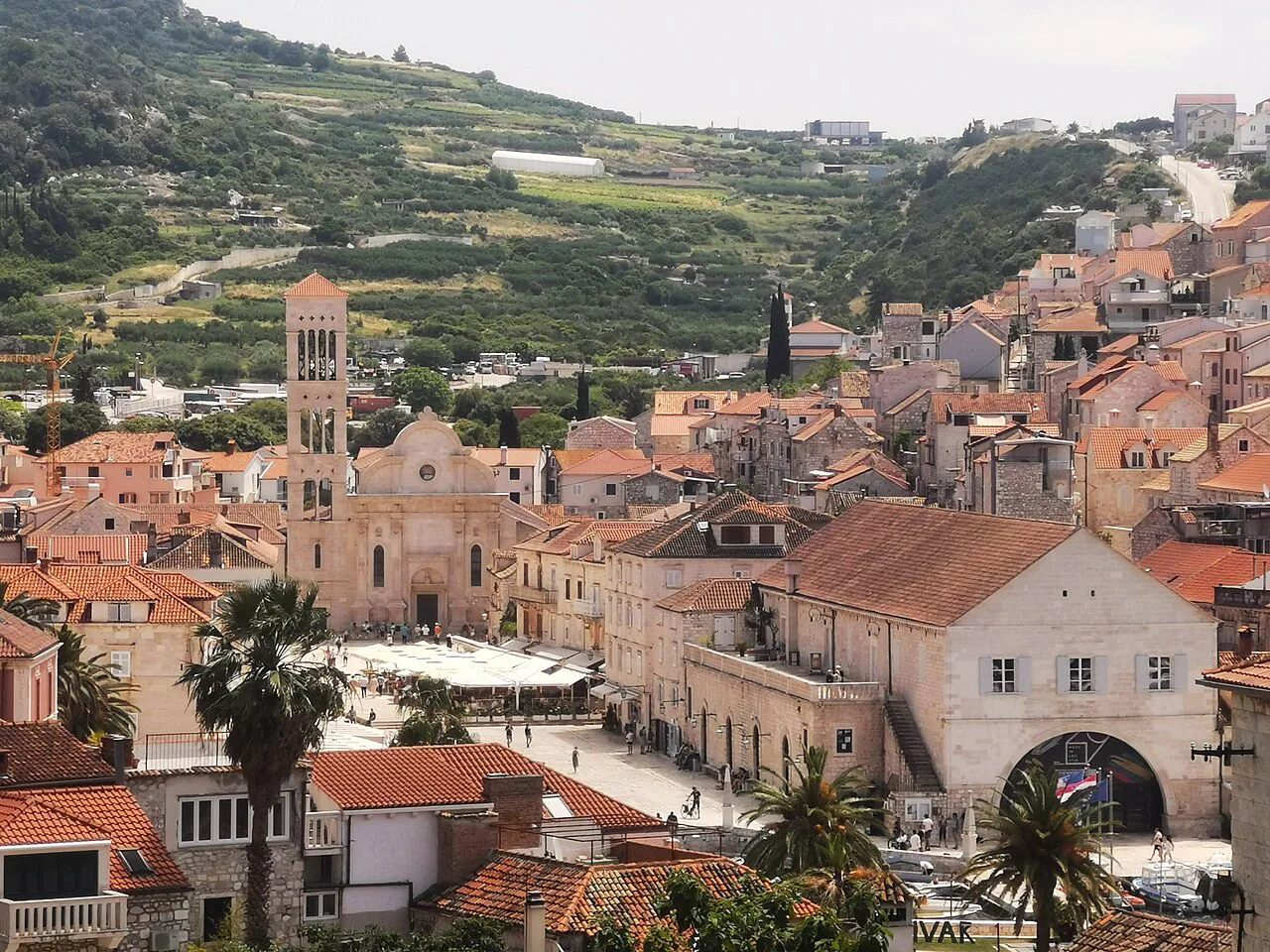 Hvar's main square and St Stephen's Cathedral from above.