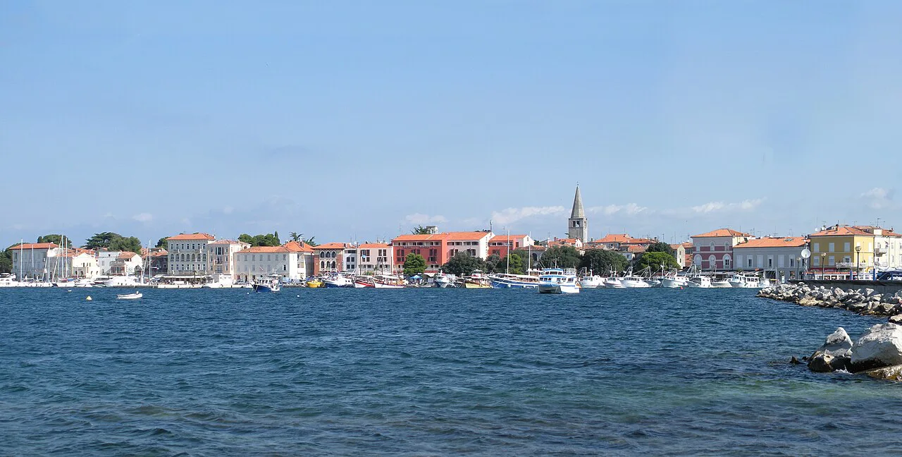 The Poreč waterfront seen across the harbour.