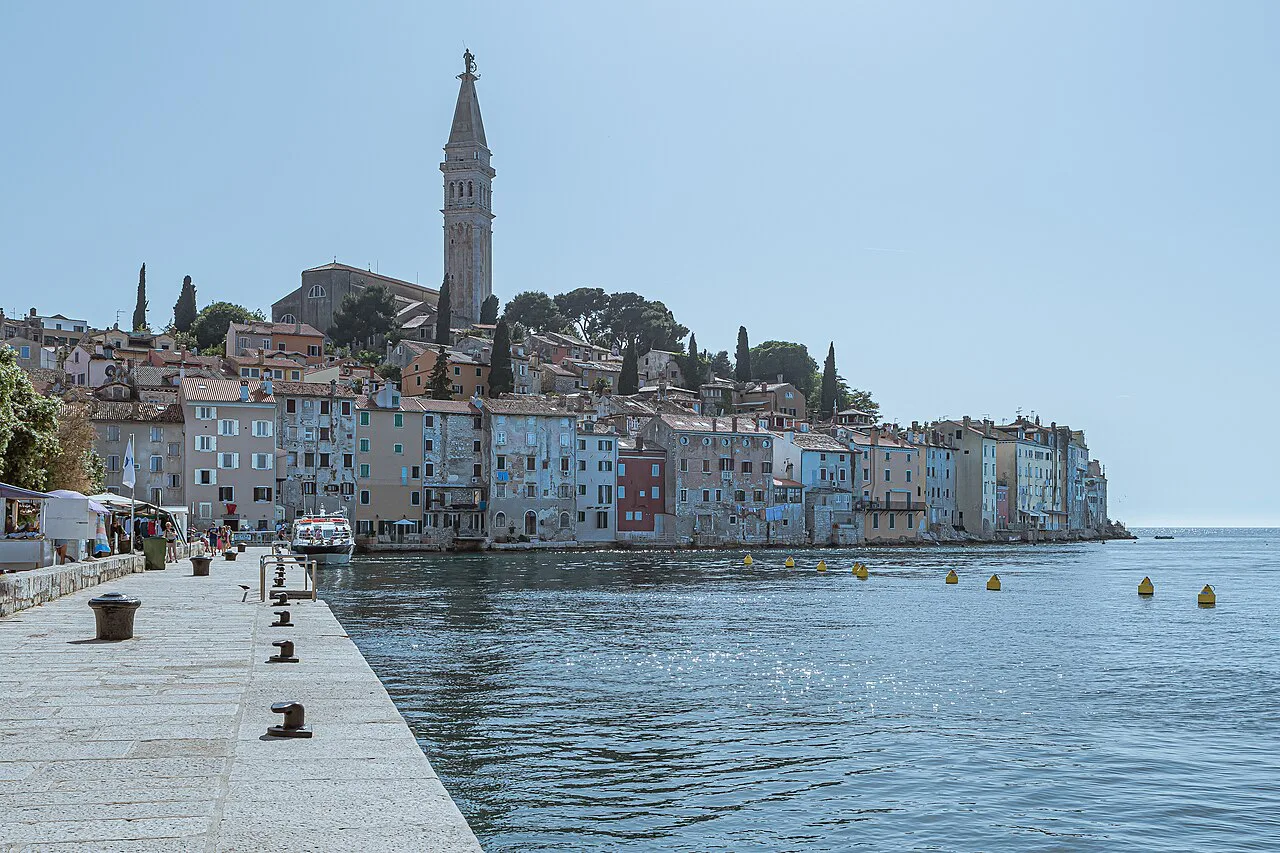Rovinj old town and St Euphemia's Church from the Valdibora pier.