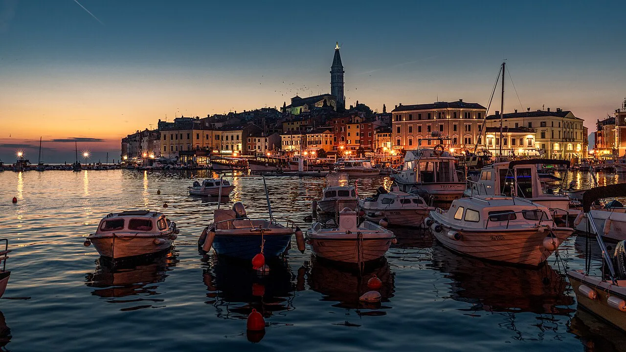 Rovinj harbour at night.
