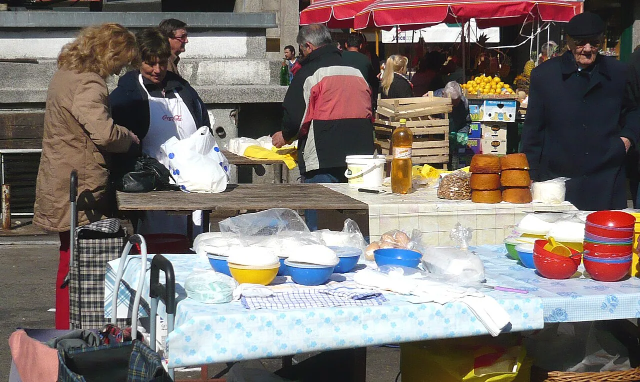 Bowls of fresh cheese at Dolac market, Zagreb.