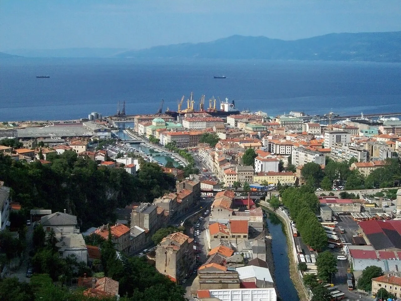 Rijeka's city centre and harbour from above.