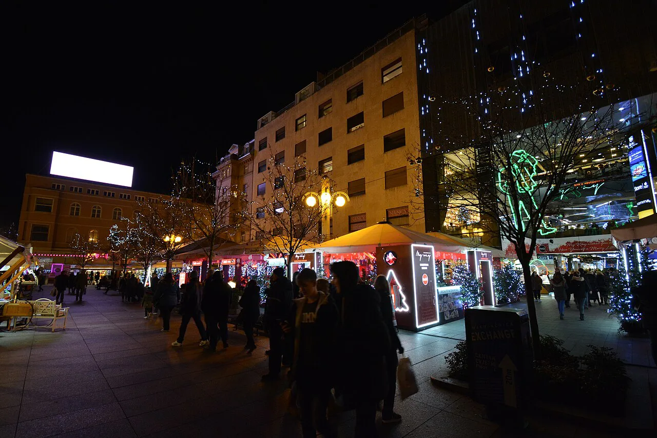 Advent market stalls at night, Zagreb.