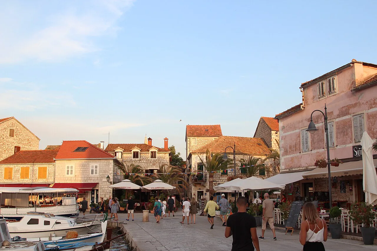 Waterfront café terraces on Stari Grad harbour, Hvar island.