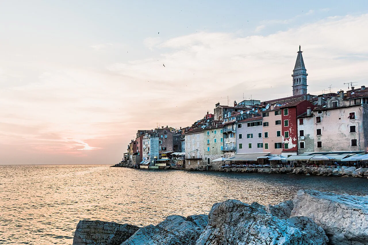 Houses in Rovinj's old town by the sea.