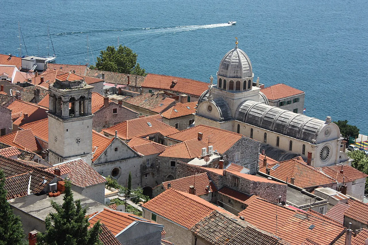 Šibenik's old town and St James's Cathedral above the channel.