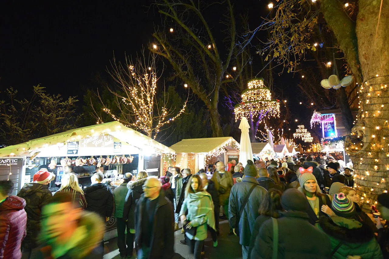 Advent market stalls in Zagreb.