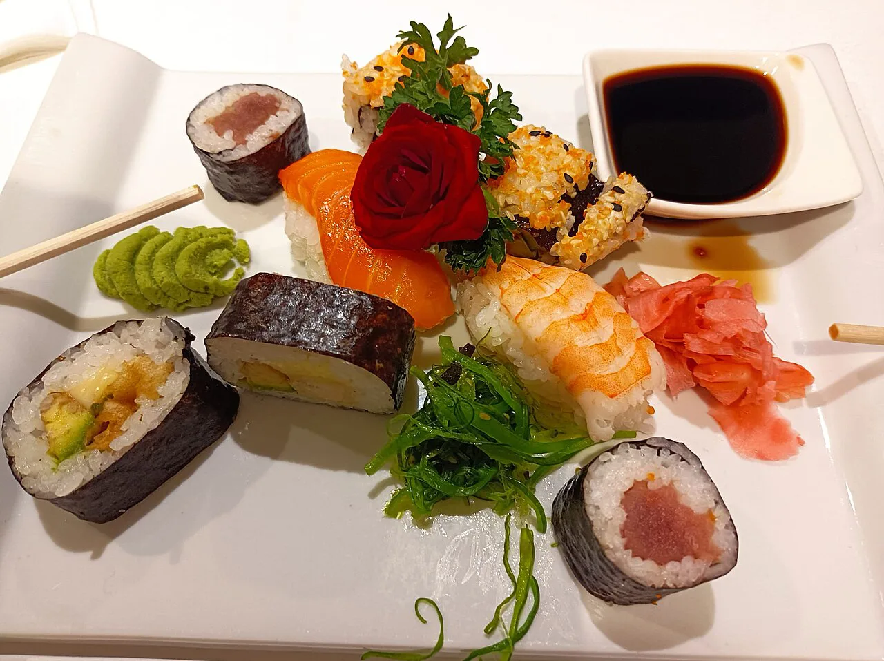 A plate of assorted sushi rolls.