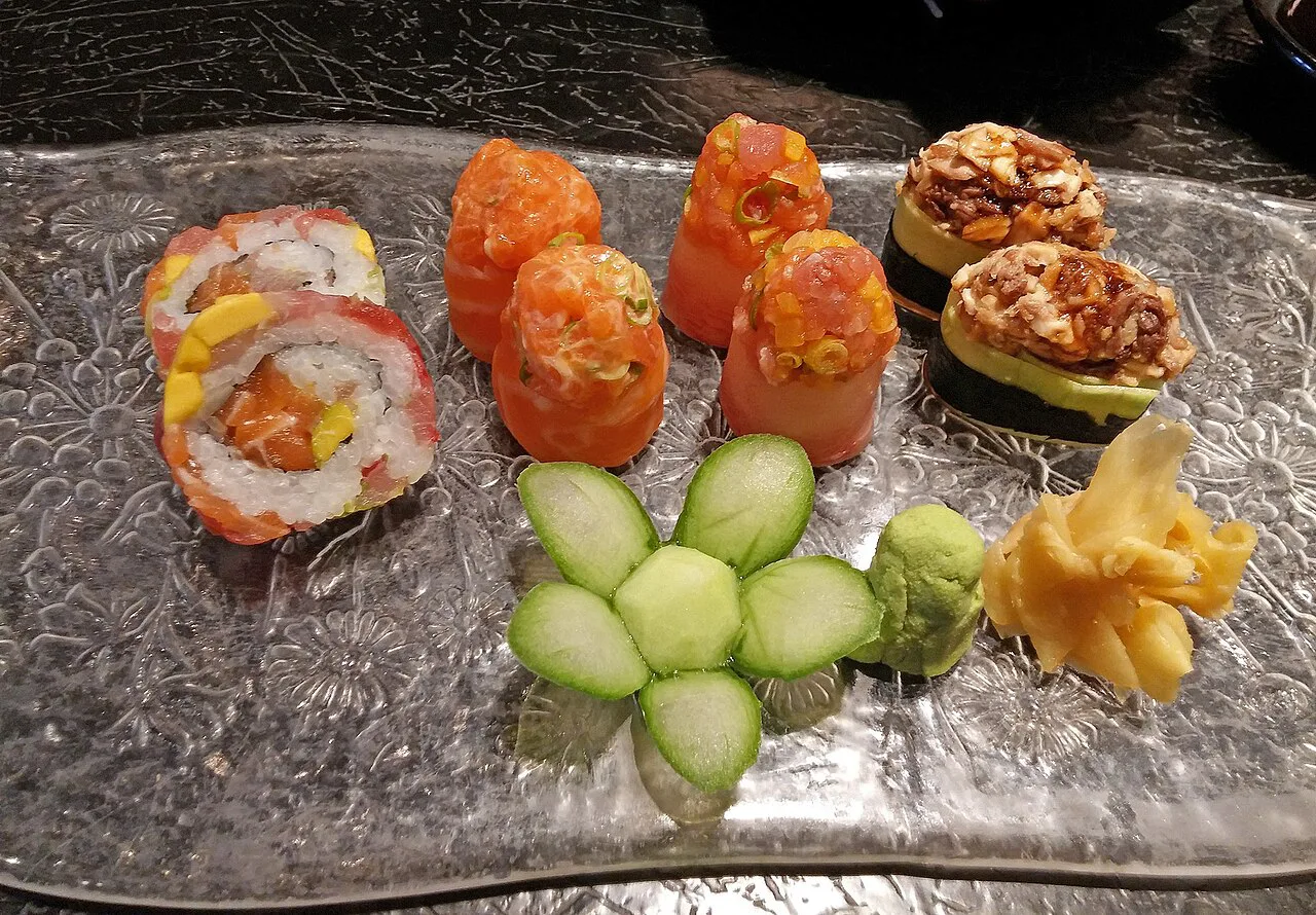 A platter of sushi rolls.