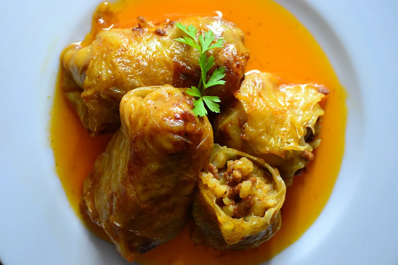 Sarma, cabbage rolls filled with minced meat and rice.