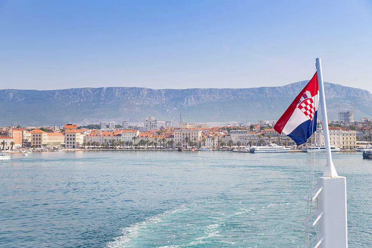 Split's waterfront seen from a ferry leaving the port.