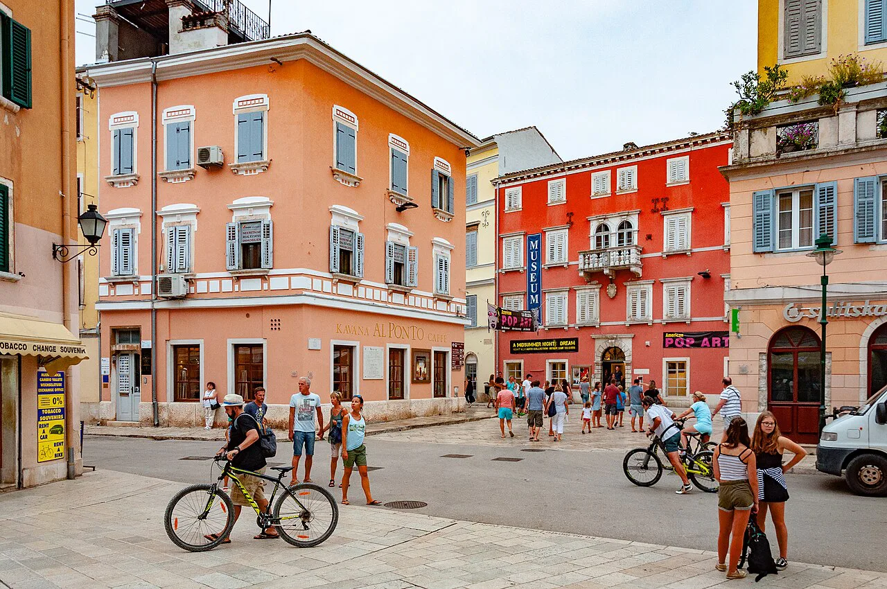 Colourful buildings on a square in Rovinj.