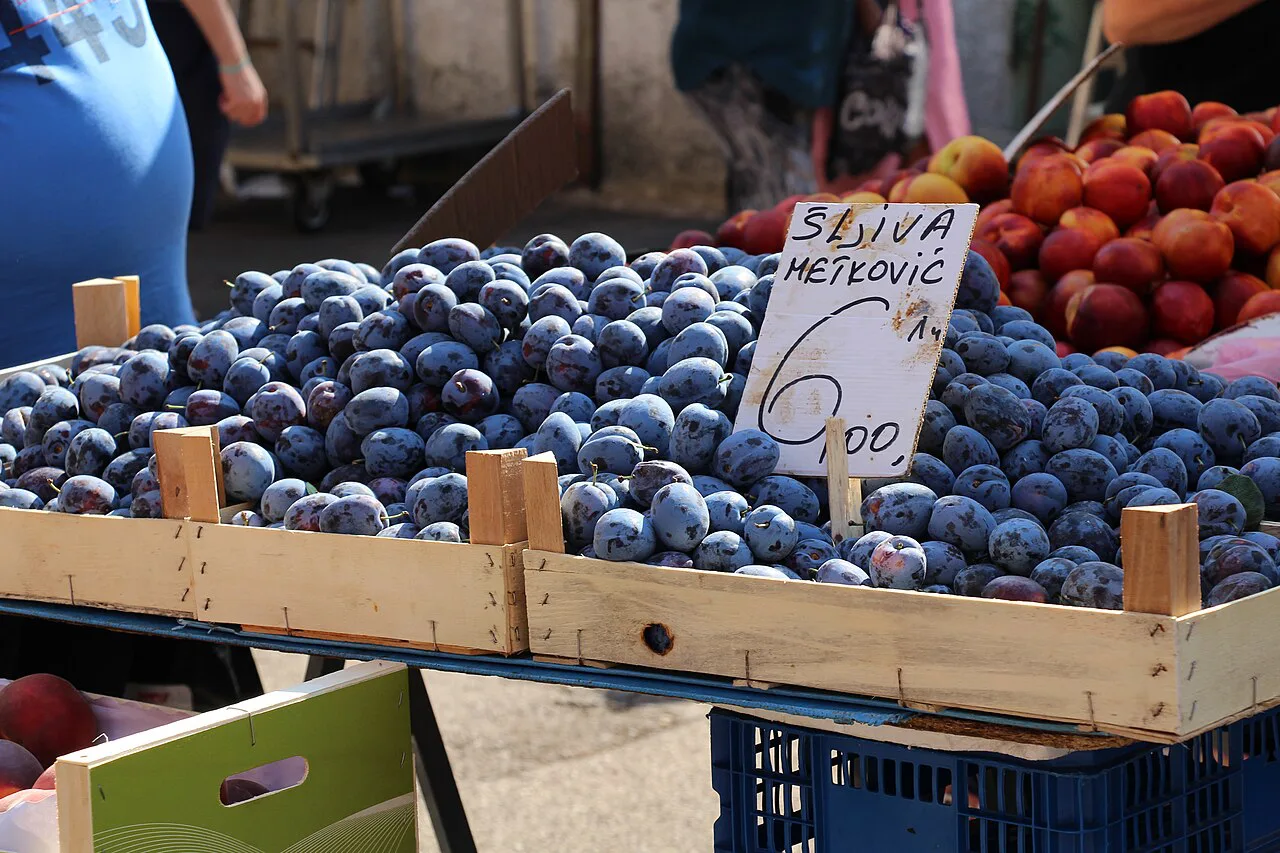 Plums and berries on a stall at Rijeka's market.