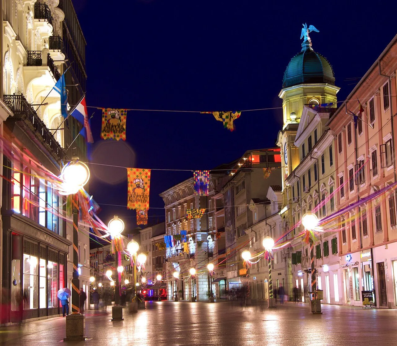 The Korzo in Rijeka lit up at night.