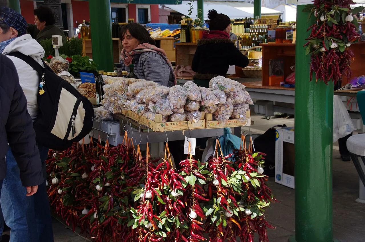 Garlic and dried chilli strings at the market, Rovinj.