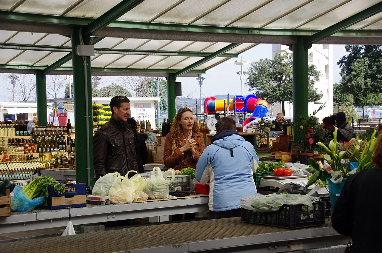 Produce stalls at the covered market, Rovinj.