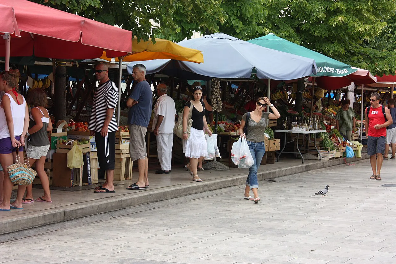 Market stalls under umbrellas, Zadar.