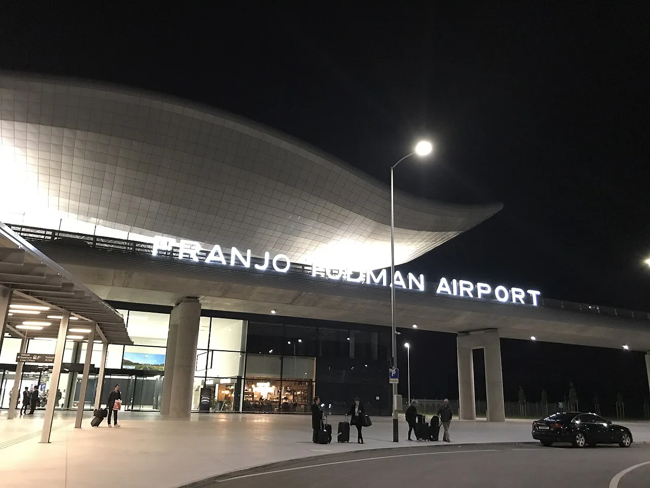 Franjo Tuđman Airport terminal at night, Zagreb.
